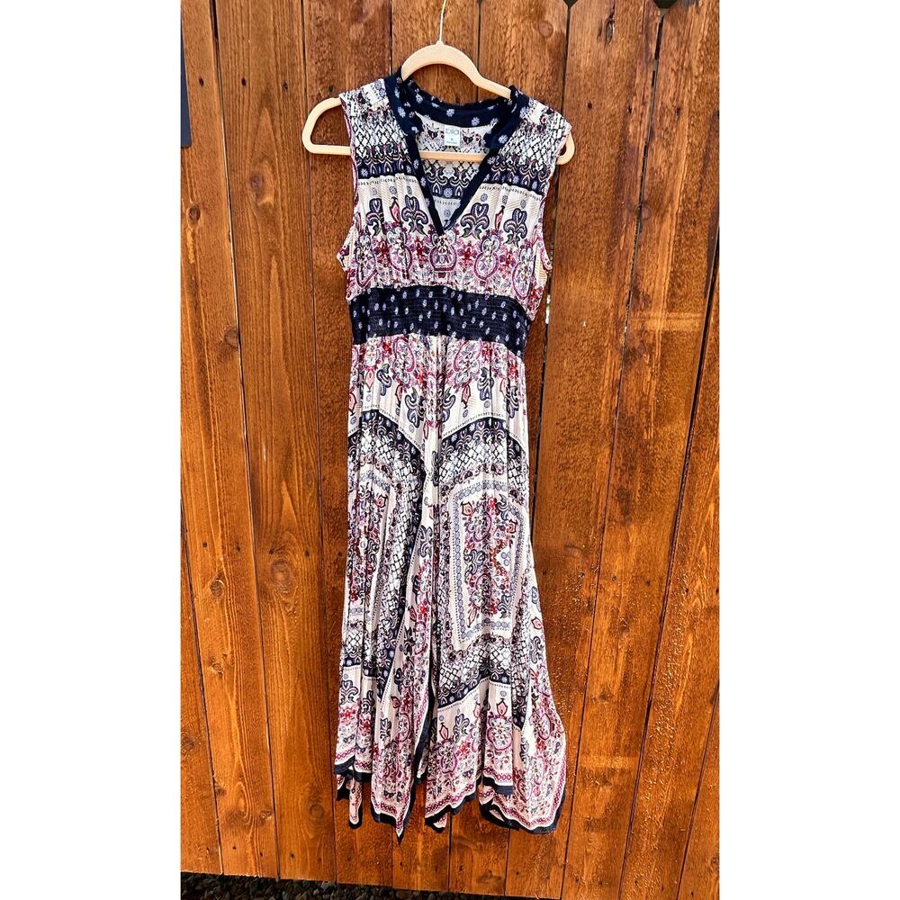 Bila Boho Multicolor Paisley Midi Dress S Smocked Handkerchief Hem EUC